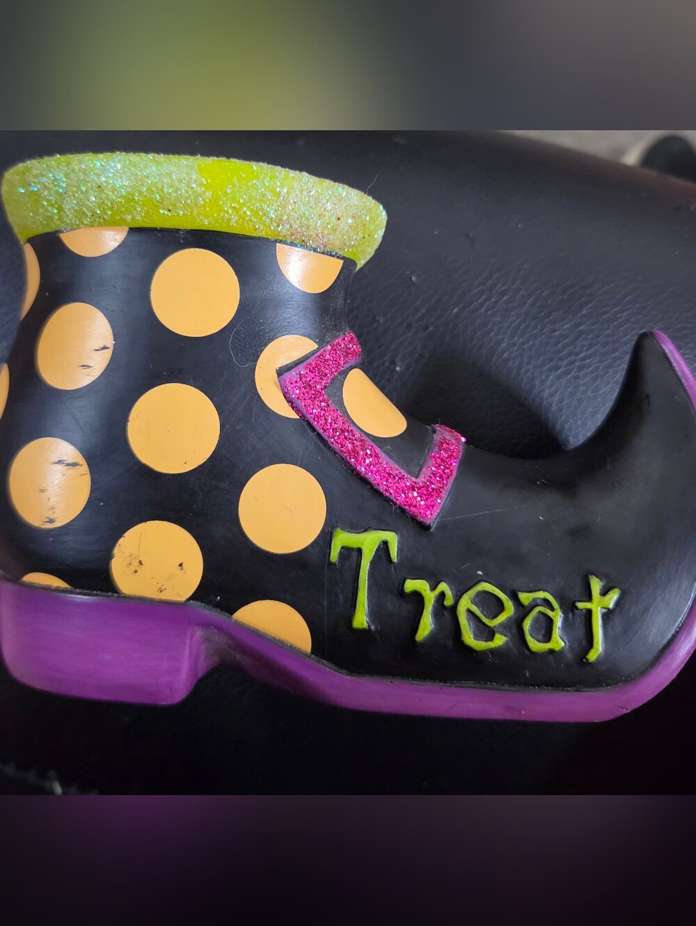 Halloween Witch Shoe Candle Decor - "Treat" Polka Dot Boot - Lime Green